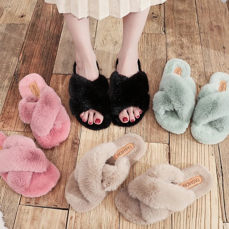 Stylish indoor slippers with faux fur, open toe, cross straps, and non-slip soles for winter fashion.