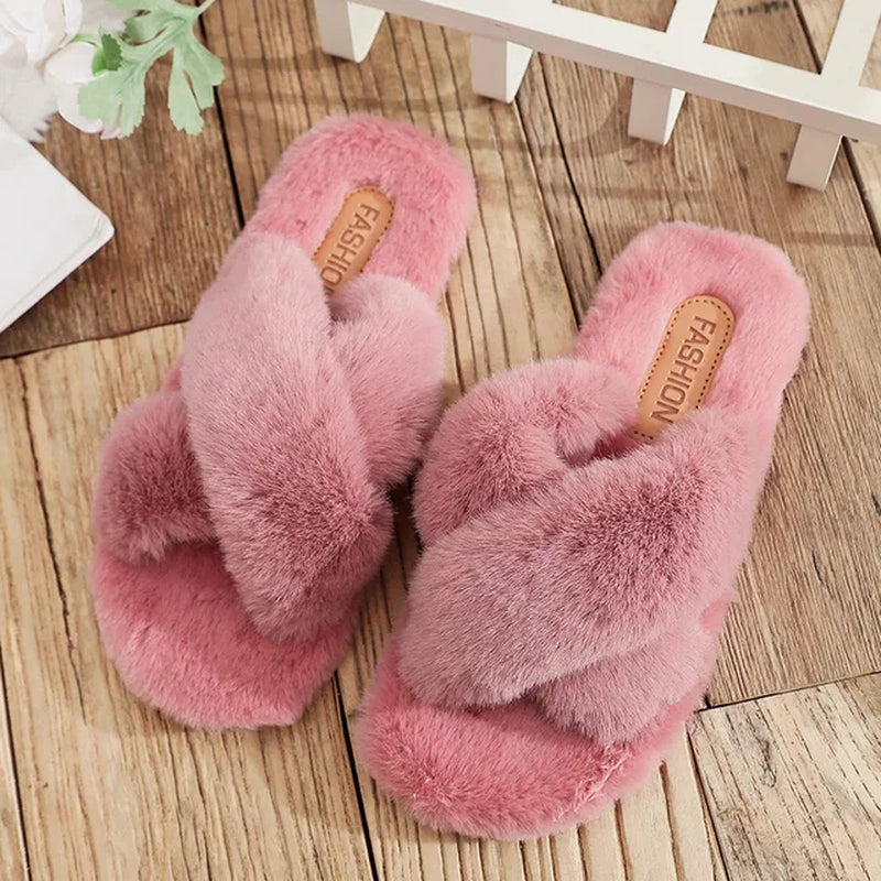 Stylish indoor slippers with faux fur, open toe, cross straps, and non-slip soles for winter fashion.