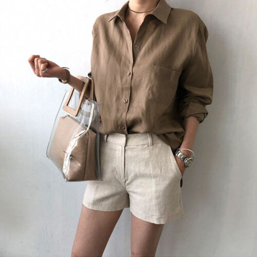 Womens Summer long sleeves Linen Cotton Button  Top